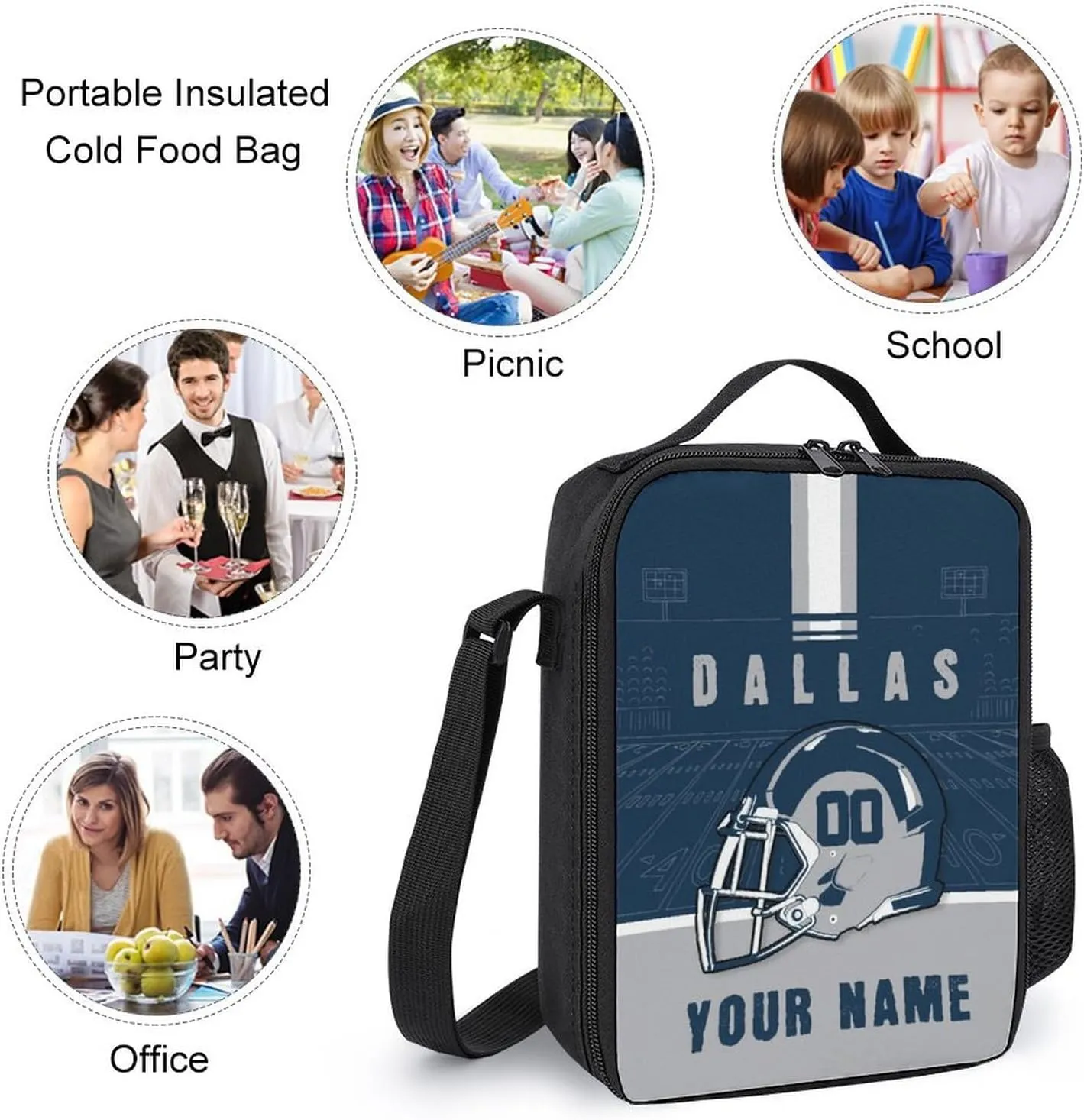 Custom Dallas Lunch Box Gift for Men Women Personalized Name Number Adjustable Strap Insulated Lunch Bag for Work Picnic Travel