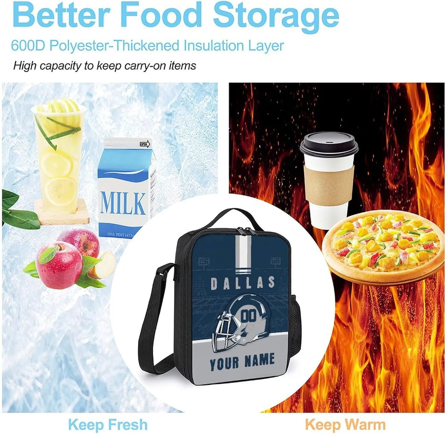 Custom Dallas Lunch Box Gift for Men Women Personalized Name Number Adjustable Strap Insulated Lunch Bag for Work Picnic Travel
