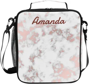 Custom Marble Lunch Box Bag Personalized Your Name Reusable Insulated Lunch Tote Bag CWhite Gray Fluid Customized Lunch Cooler Bag Shoulder Strap Lunchbox for School Picnic Kids Boys Girls