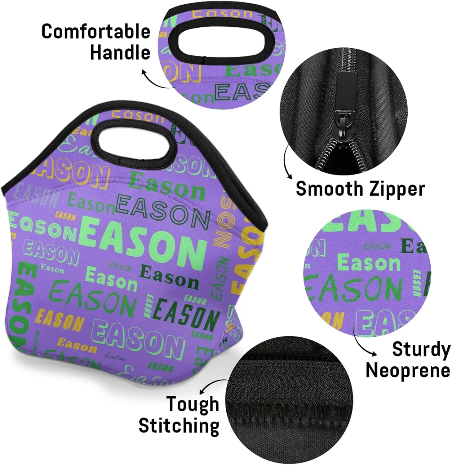 Custom Neoprene Lunch Bags with Name Personalized Soft Washable Lunch Box for Women Men Reusable Lightweight Lunch Tote Handbag Cooler Bag for Work Office Travel Picnic