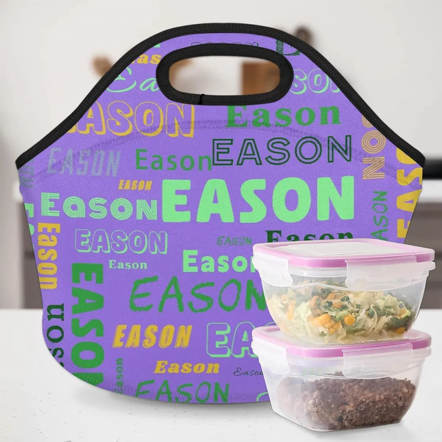 Custom Neoprene Lunch Bags with Name Personalized Soft Washable Lunch Box for Women Men Reusable Lightweight Lunch Tote Handbag Cooler Bag for Work Office Travel Picnic