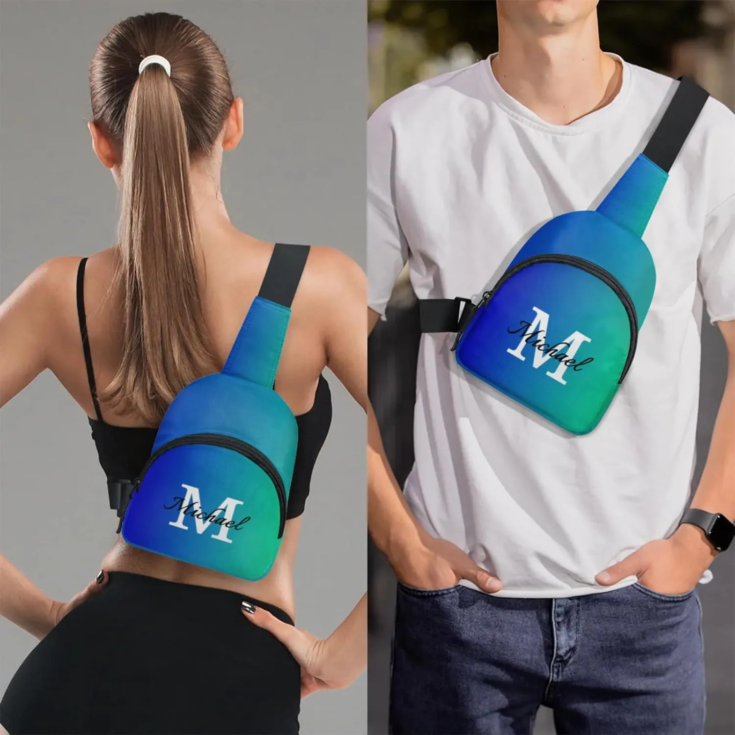 Custom Sling Bag Personalized Chest Bag Crossbody Bags with Initial Travel Shoulder Backpack for Outdoor Sports, Blue Green Gradient