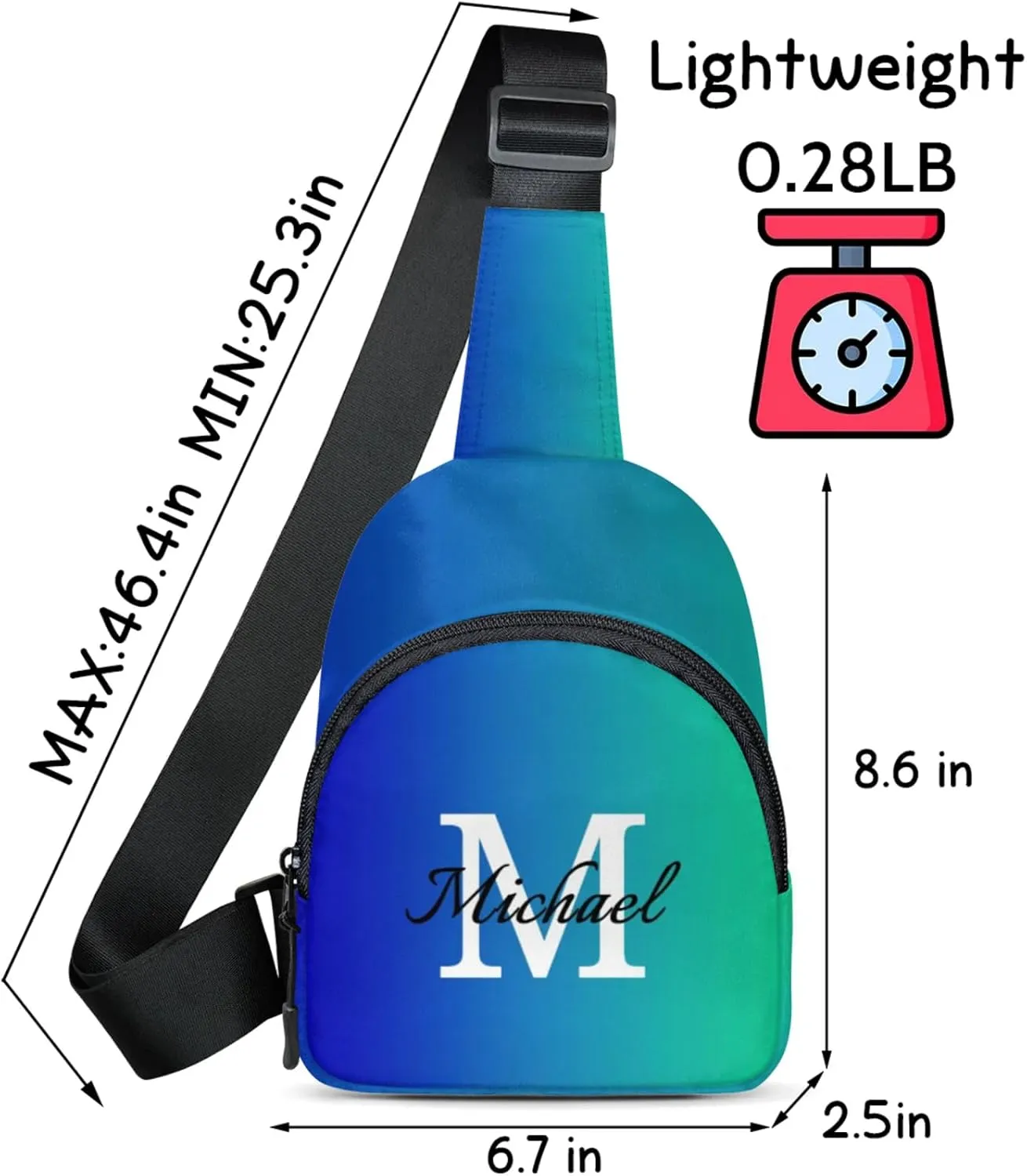 Custom Sling Bag Personalized Chest Bag Crossbody Bags with Initial Travel Shoulder Backpack for Outdoor Sports, Blue Green Gradient
