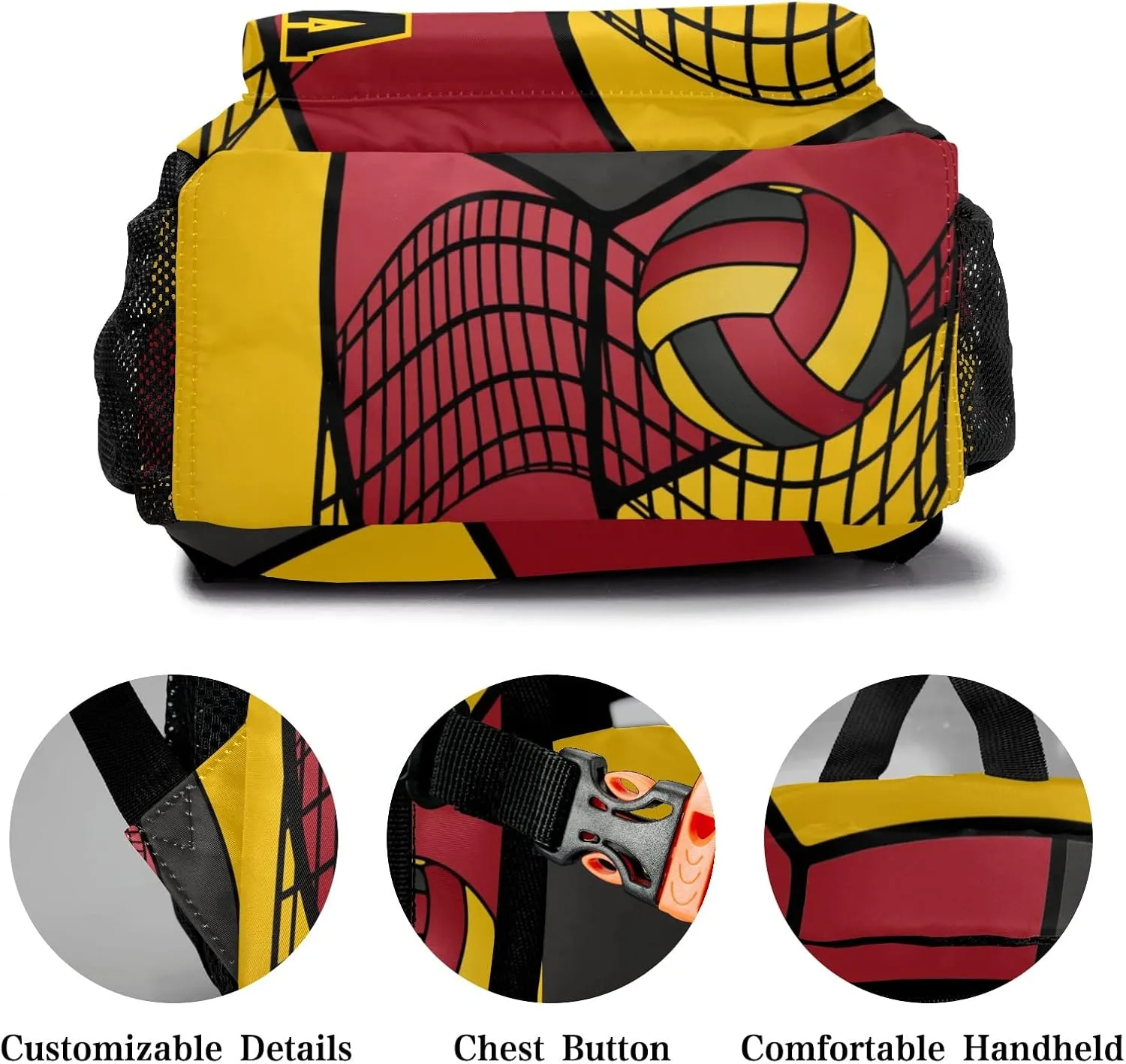 Custom Volleyball Red Yellow Black Waterproof Backpack Bookbag with Name for Birthday Holiday Gift