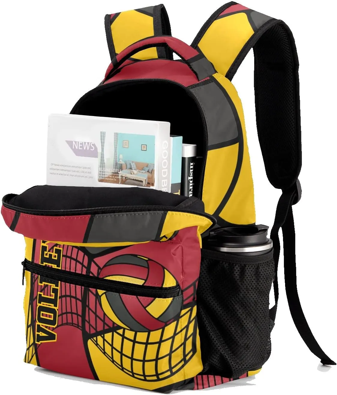 Custom Volleyball Red Yellow Black Waterproof Backpack Bookbag with Name for Birthday Holiday Gift
