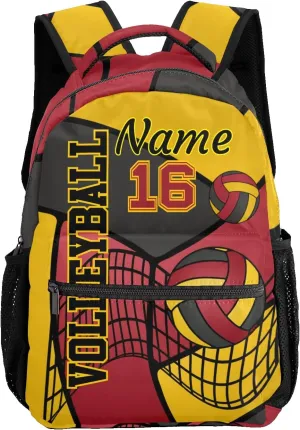 Custom Volleyball Red Yellow Black Waterproof Backpack Bookbag with Name for Birthday Holiday Gift
