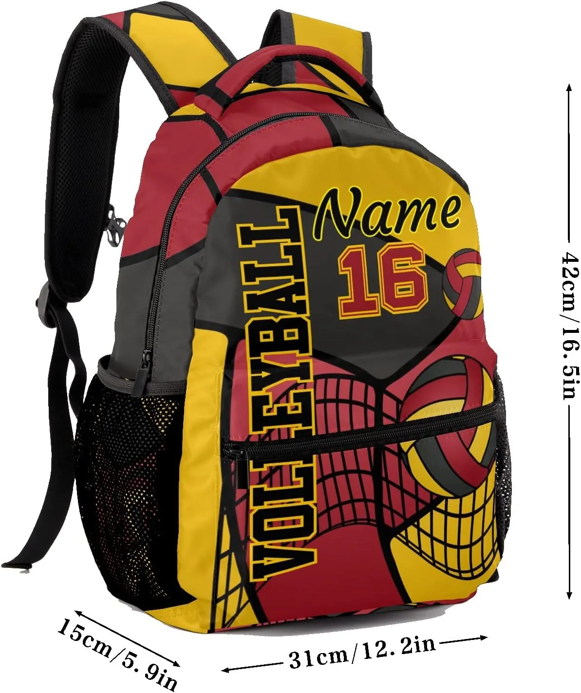 Custom Volleyball Red Yellow Black Waterproof Backpack Bookbag with Name for Birthday Holiday Gift