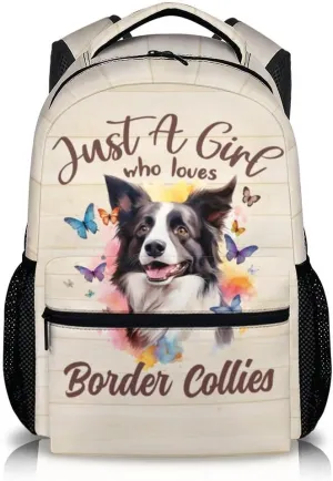 Cute Backpack for Dog Lovers, Cartoon Dog Theme Backpacks for Girls Woemn, 17" Border Collie Print Bookbag for School, Beige Large Lightweight Daypack for Travel