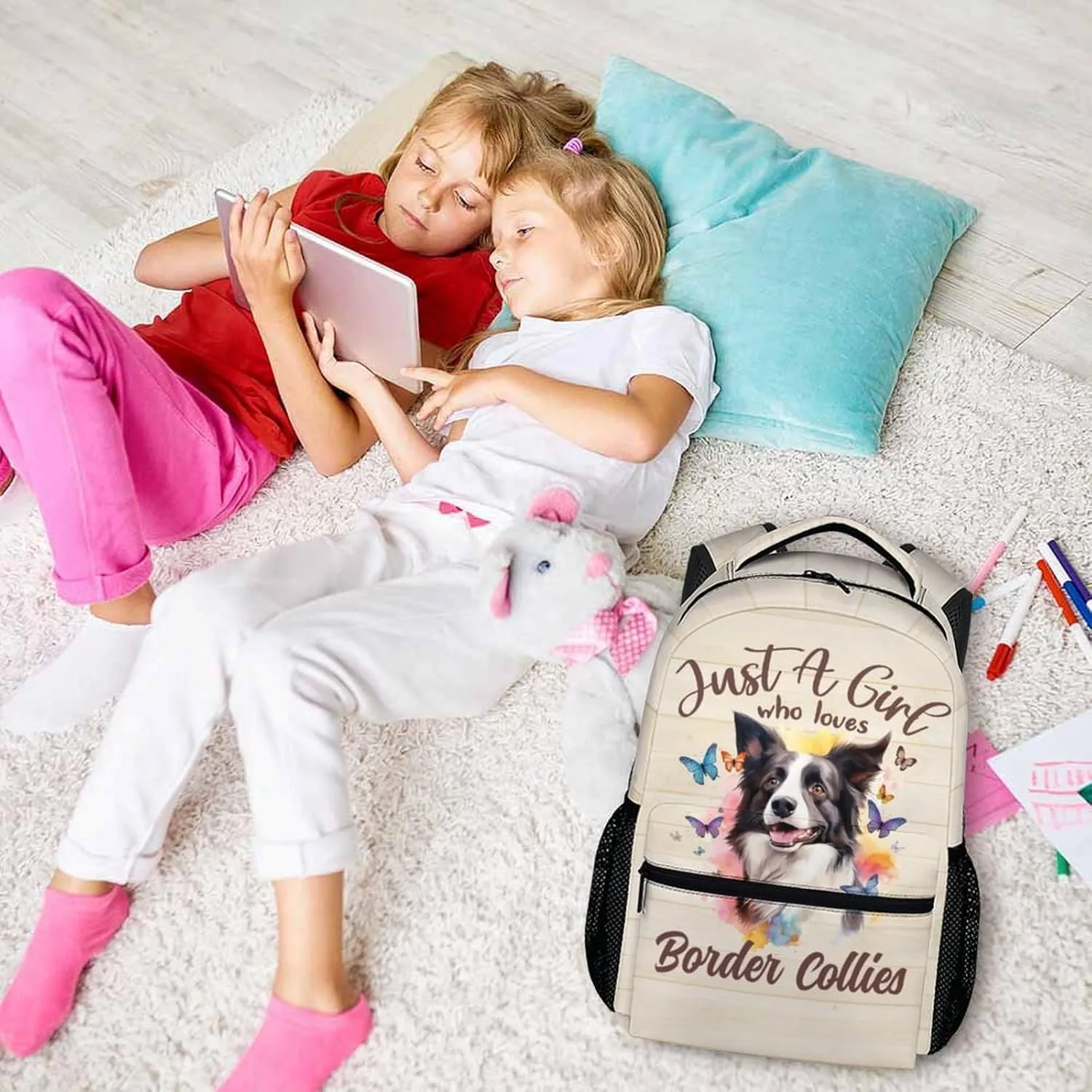 Cute Backpack for Dog Lovers, Cartoon Dog Theme Backpacks for Girls Woemn, 17" Border Collie Print Bookbag for School, Beige Large Lightweight Daypack for Travel
