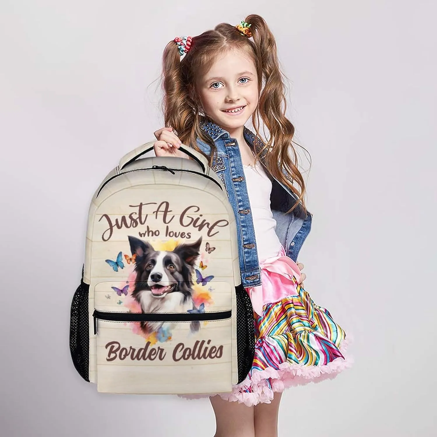 Cute Backpack for Dog Lovers, Cartoon Dog Theme Backpacks for Girls Woemn, 17" Border Collie Print Bookbag for School, Beige Large Lightweight Daypack for Travel
