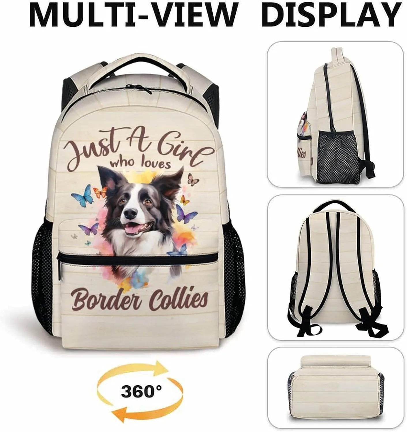 Cute Backpack for Dog Lovers, Cartoon Dog Theme Backpacks for Girls Woemn, 17" Border Collie Print Bookbag for School, Beige Large Lightweight Daypack for Travel