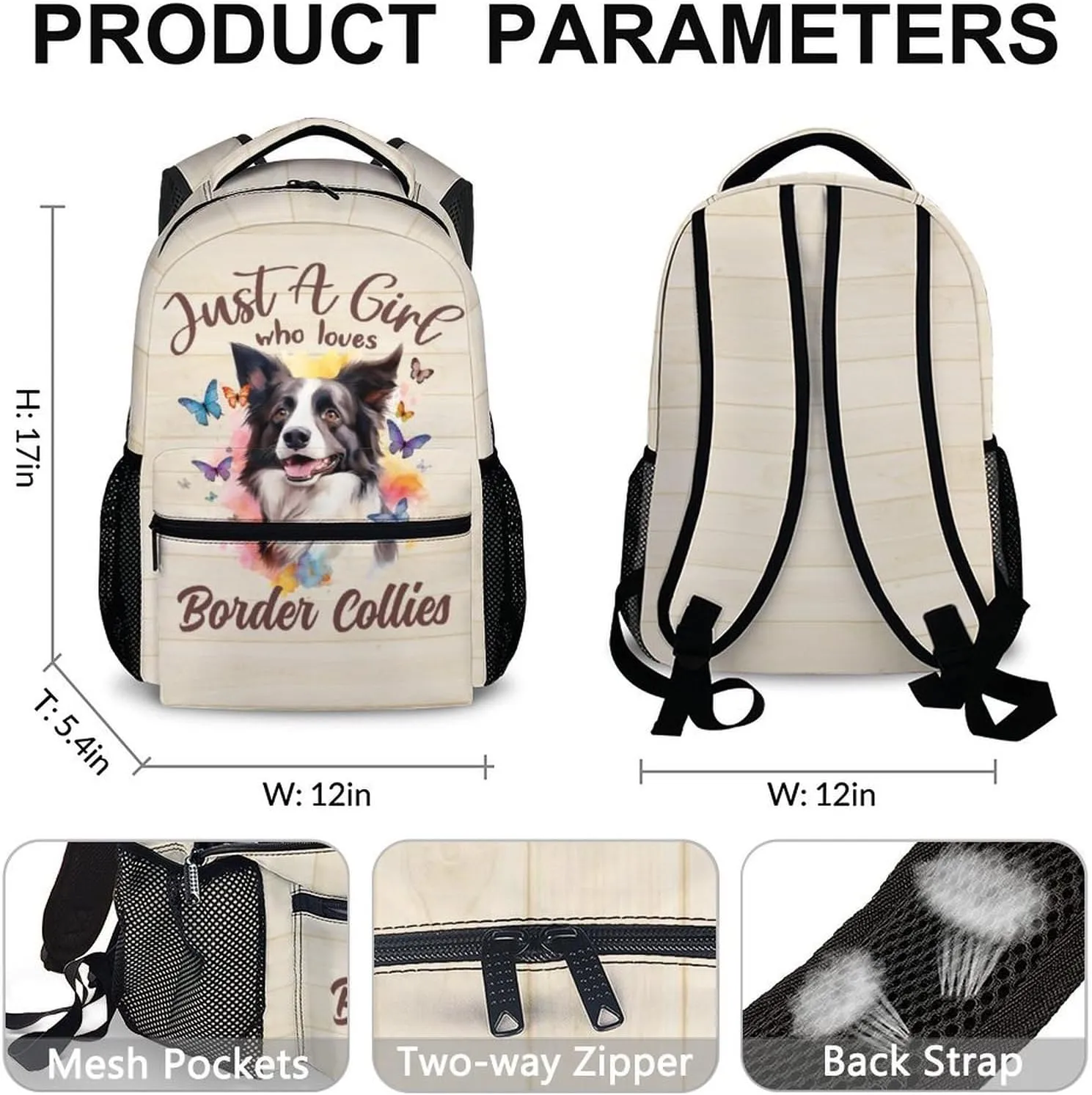 Cute Backpack for Dog Lovers, Cartoon Dog Theme Backpacks for Girls Woemn, 17" Border Collie Print Bookbag for School, Beige Large Lightweight Daypack for Travel