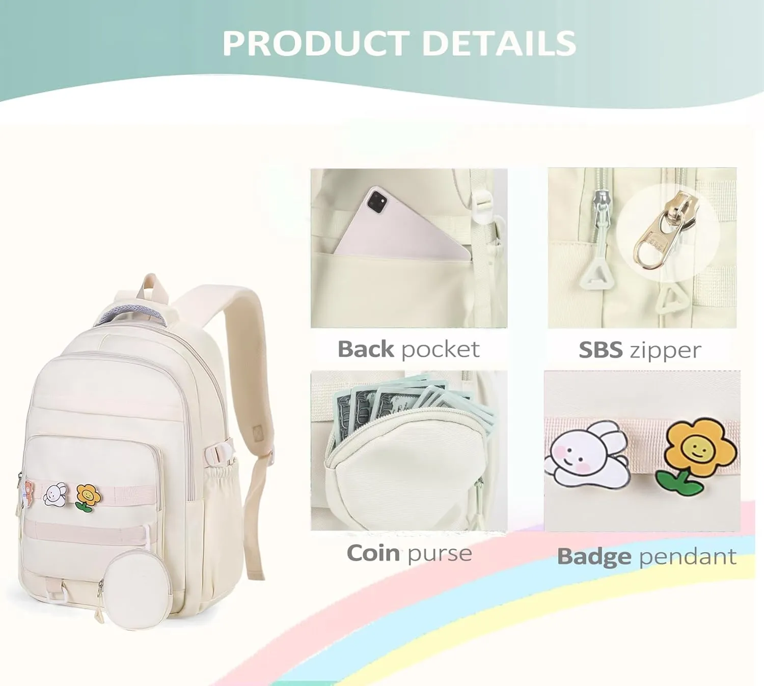 Cute Backpack for Teen Girls Boys, Aesthetic Laptop Bookbag for College High Middle School Student,Beige
