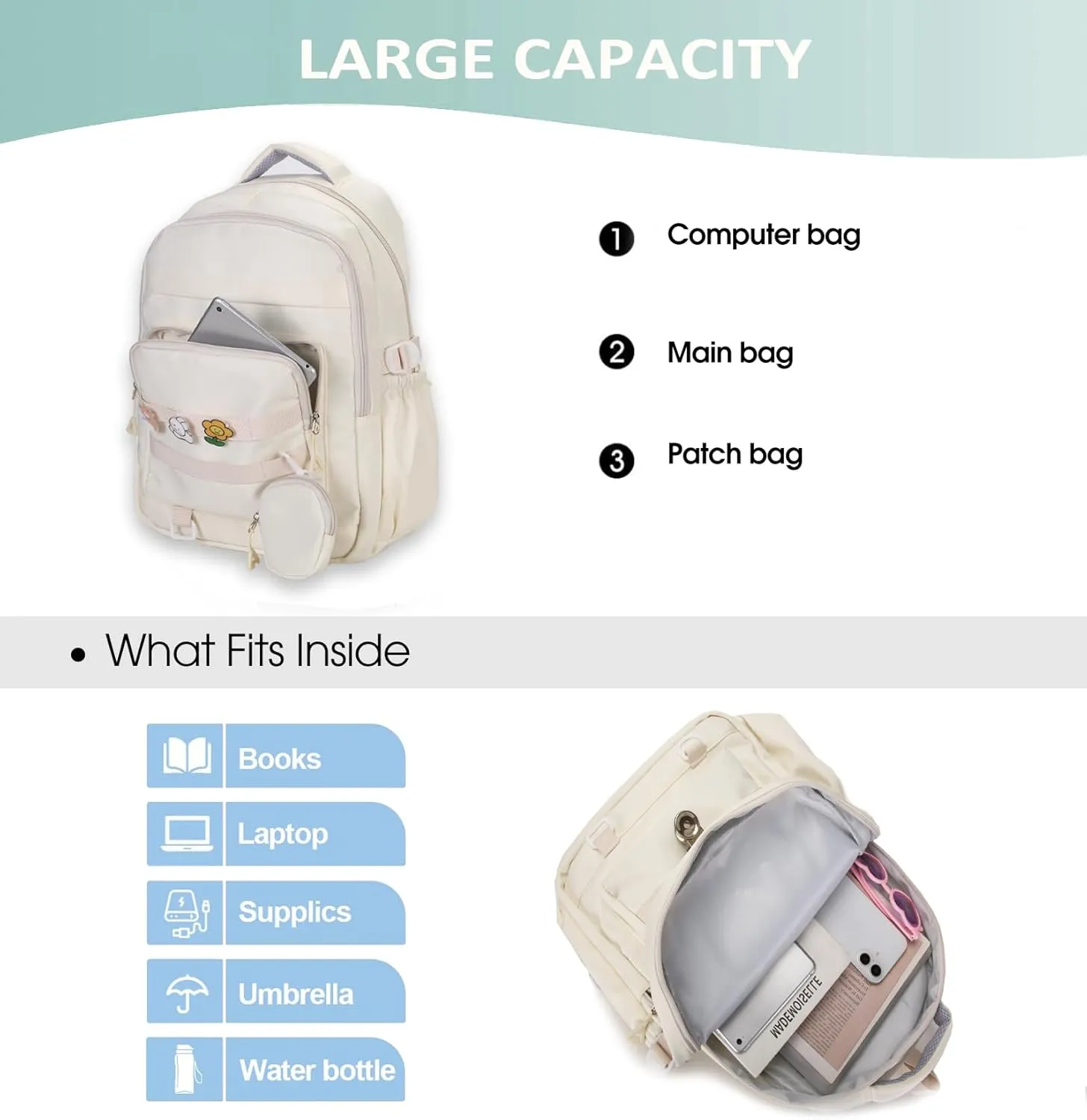 Cute Backpack for Teen Girls Boys, Aesthetic Laptop Bookbag for College High Middle School Student,Beige