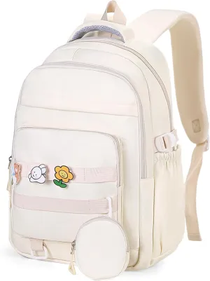 Cute Backpack for Teen Girls Boys, Aesthetic Laptop Bookbag for College High Middle School Student,Beige