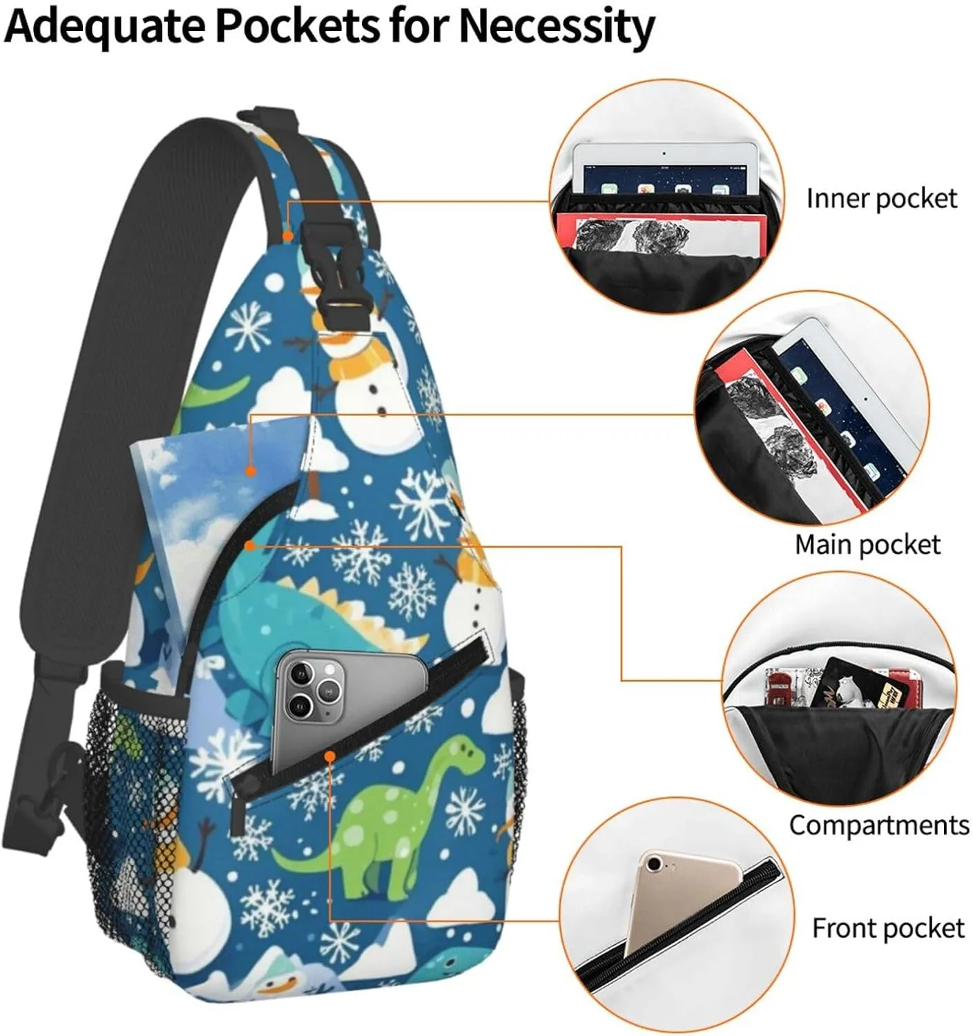 Cute Cartoon Dinosaur Winter Snowman Crossbody Bags Cross Chest Bag Adjustable Sling Backpack for Women Men