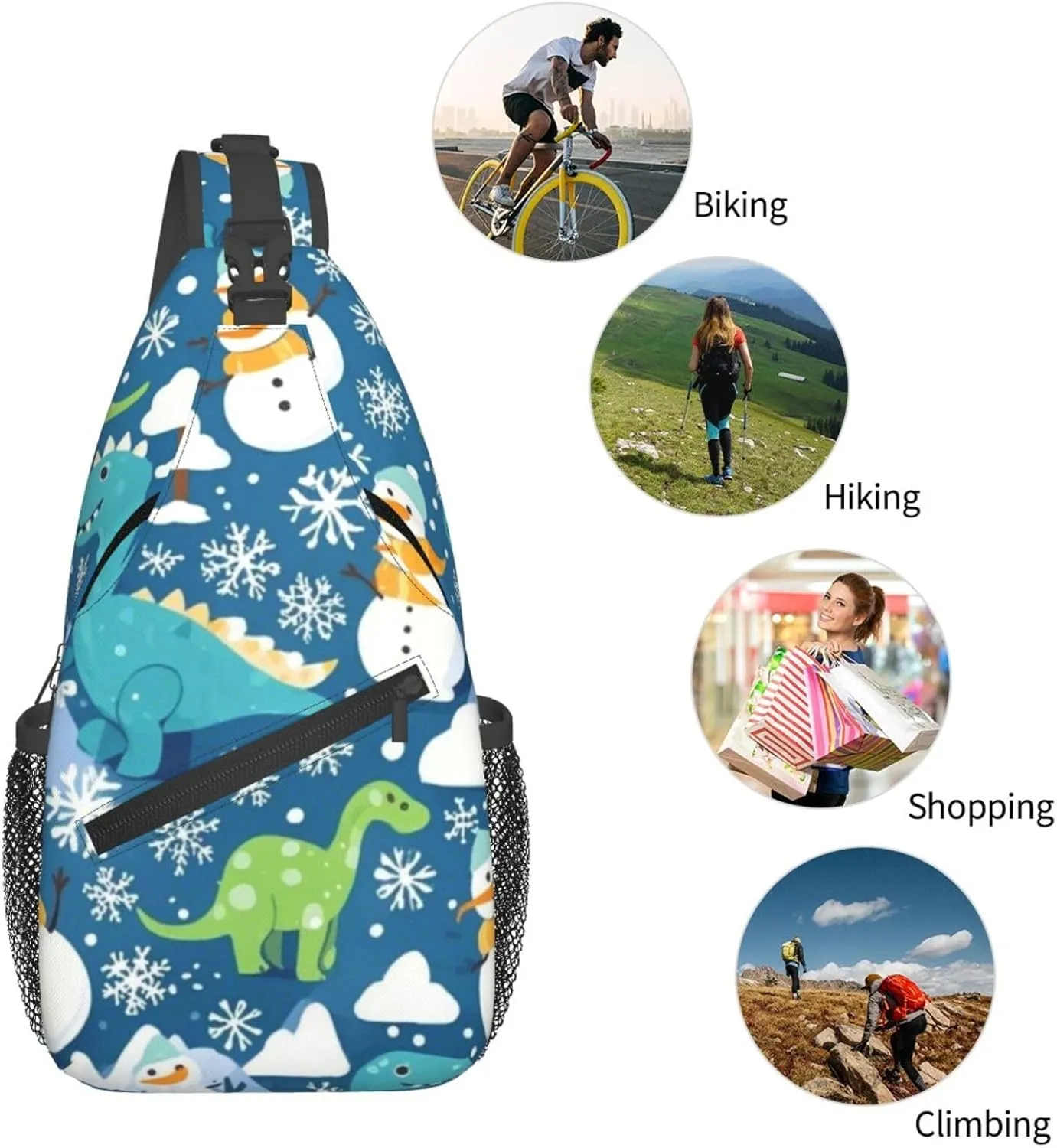 Cute Cartoon Dinosaur Winter Snowman Crossbody Bags Cross Chest Bag Adjustable Sling Backpack for Women Men