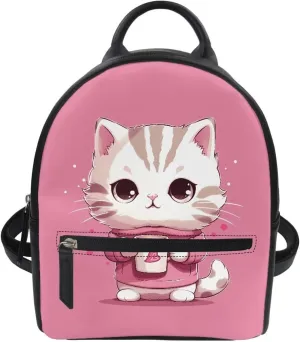 Cute Cat Mini Backpack for Women Girl Leather Small Backpack Purse Cute Bookbag Travel Shoulder Bag Cutting-edge Compact Backpack for Women