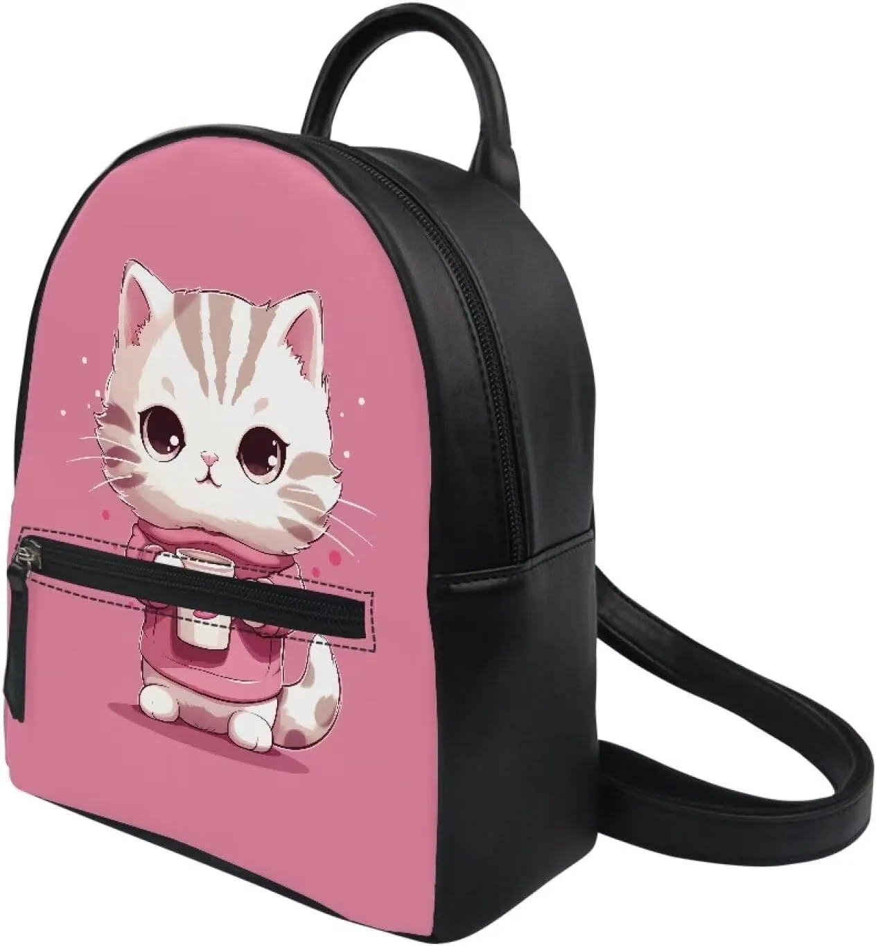 Cute Cat Mini Backpack for Women Girl Leather Small Backpack Purse Cute Bookbag Travel Shoulder Bag Cutting-edge Compact Backpack for Women