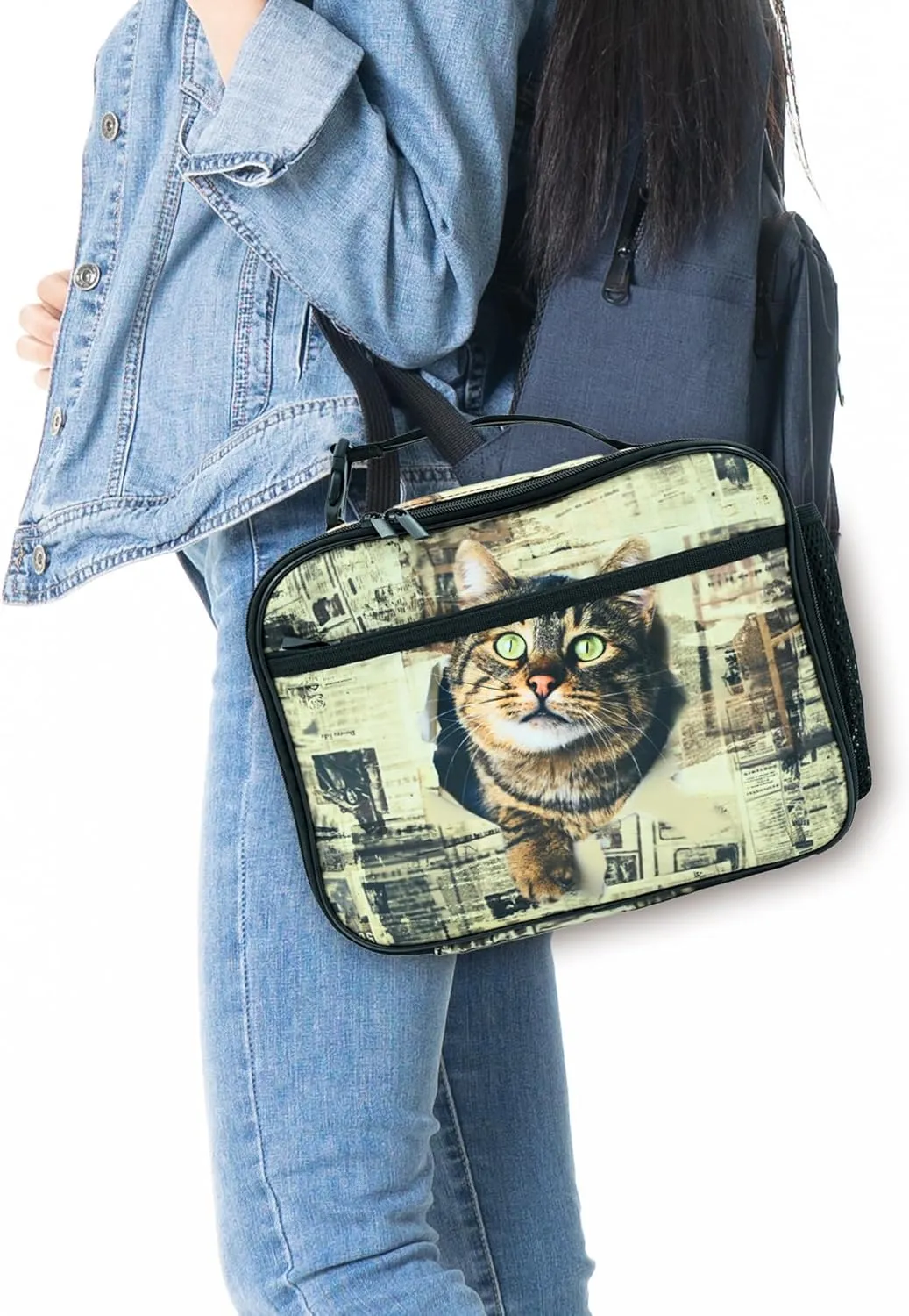 Cute Cat Newspaper Lunch Box Insulated Reusable Lunch Bag Tote Cooler for Women Men Boy Girl School Work Office Picnic