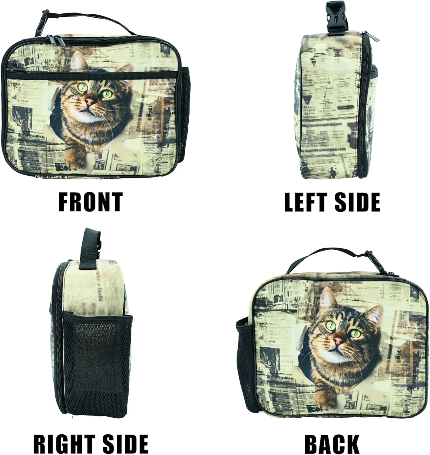 Cute Cat Newspaper Lunch Box Insulated Reusable Lunch Bag Tote Cooler for Women Men Boy Girl School Work Office Picnic