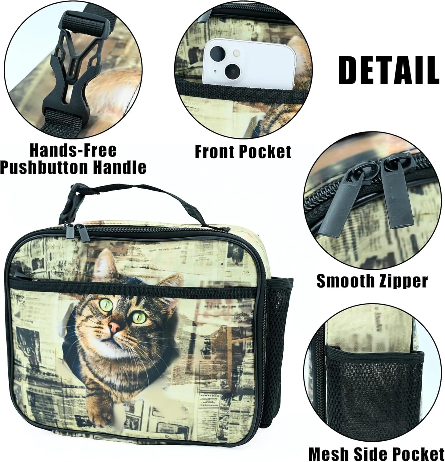 Cute Cat Newspaper Lunch Box Insulated Reusable Lunch Bag Tote Cooler for Women Men Boy Girl School Work Office Picnic