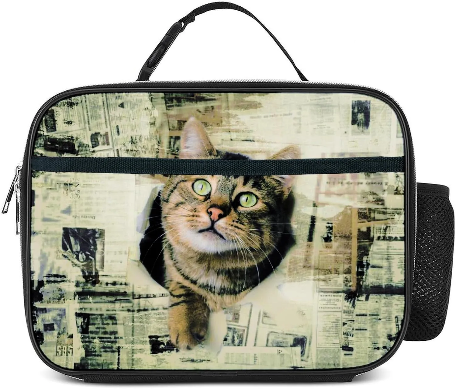 Cute Cat Newspaper Lunch Box Insulated Reusable Lunch Bag Tote Cooler for Women Men Boy Girl School Work Office Picnic