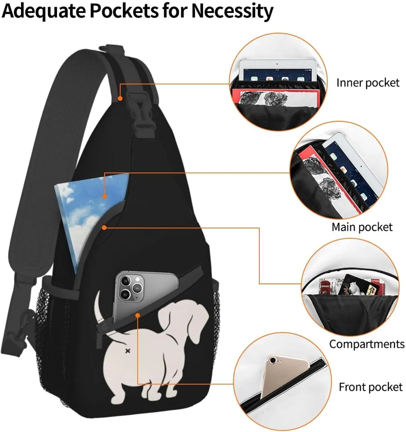 Cute Dachshund Sausage Dog Small Sling Bag for Women Mens Crossbody Backpack Cycling Hiking Daypack Chest Shoulder Bag with Adjustable Strap