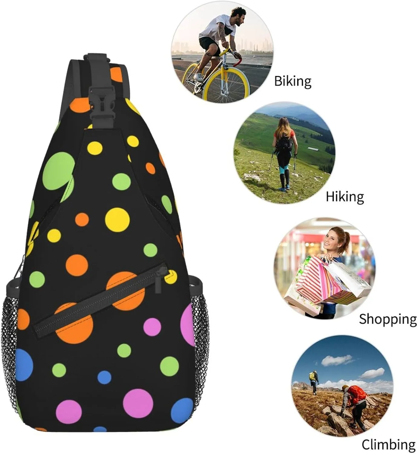 Cute Polka Dots Crossbody Sling Backpack Sling Bag Travel Hiking White Black Dots Chest Bag Daypack for Women Men