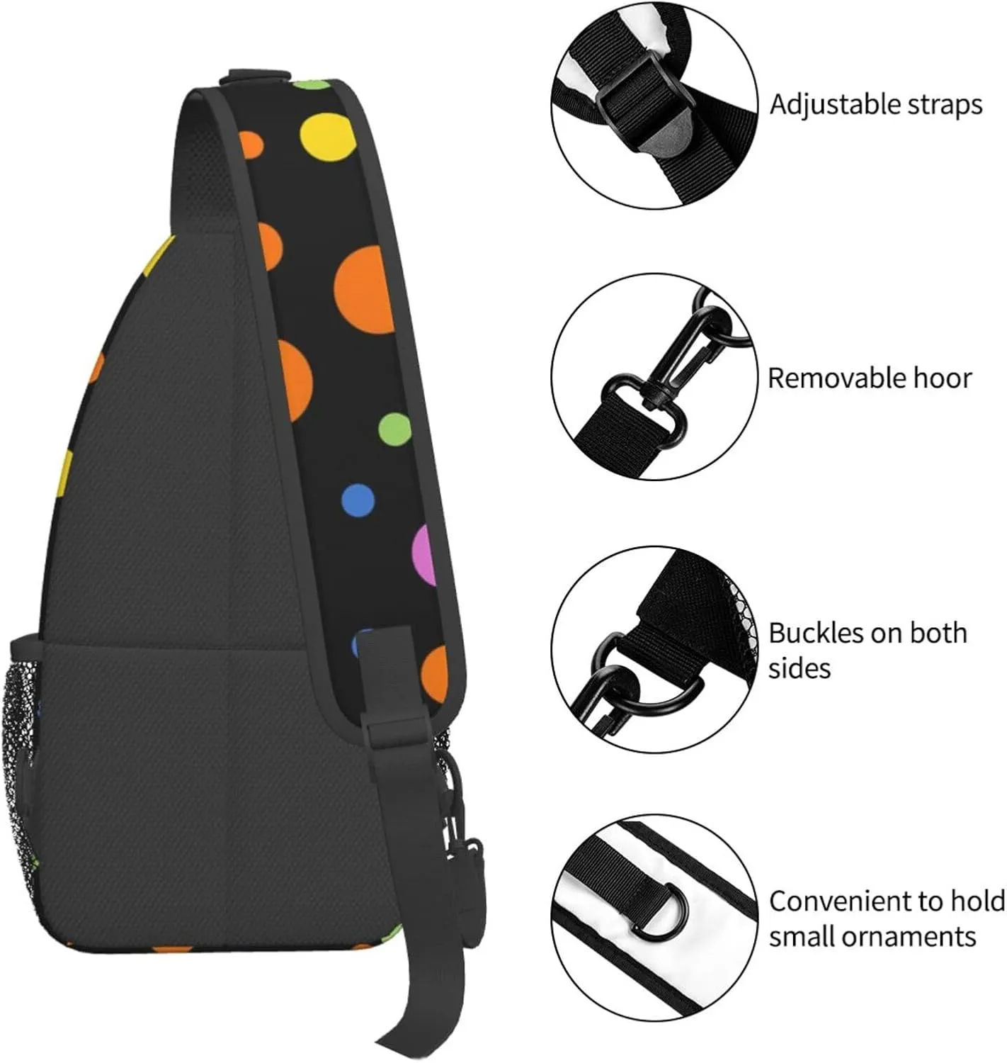 Cute Polka Dots Crossbody Sling Backpack Sling Bag Travel Hiking White Black Dots Chest Bag Daypack for Women Men
