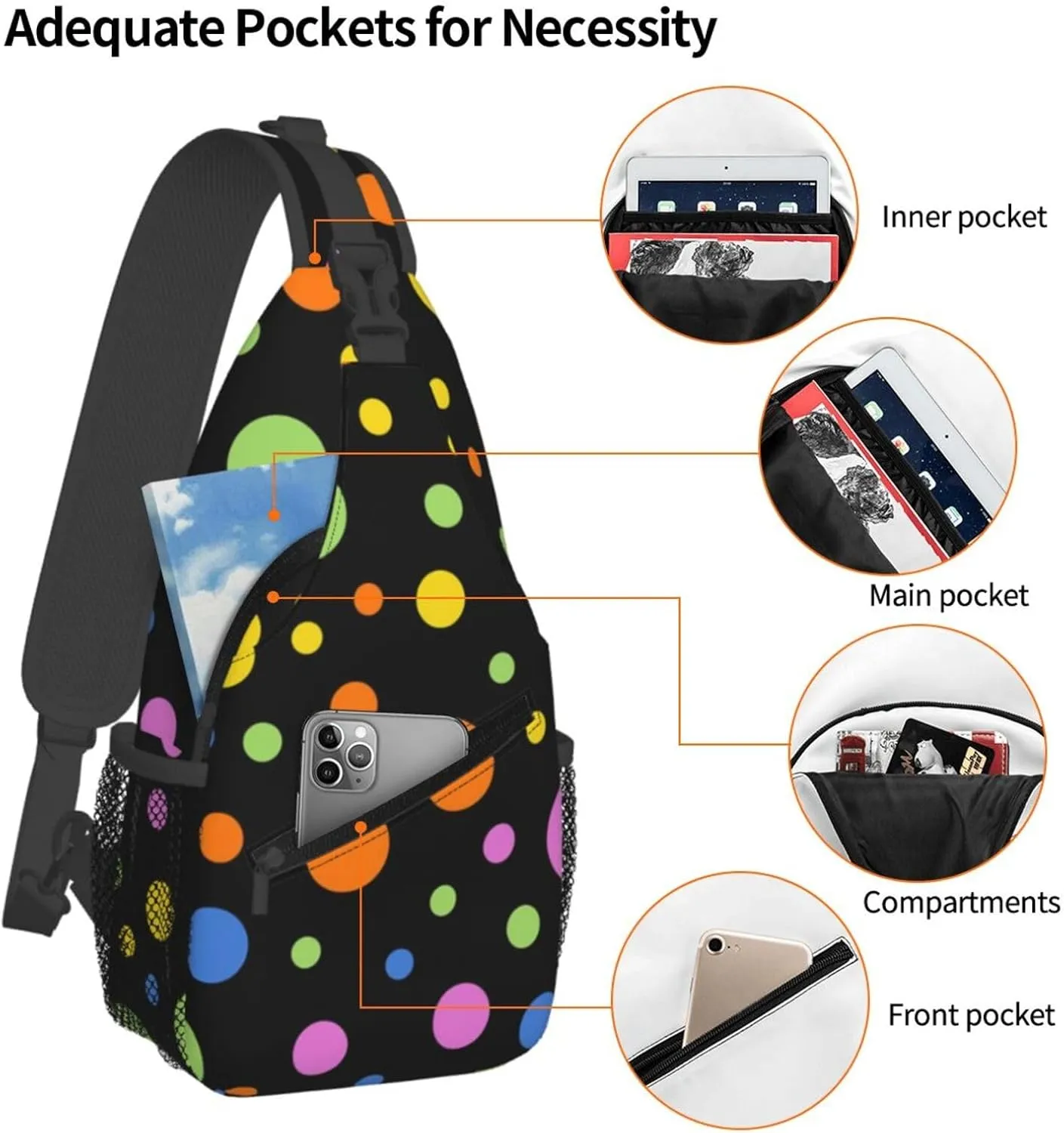 Cute Polka Dots Crossbody Sling Backpack Sling Bag Travel Hiking White Black Dots Chest Bag Daypack for Women Men