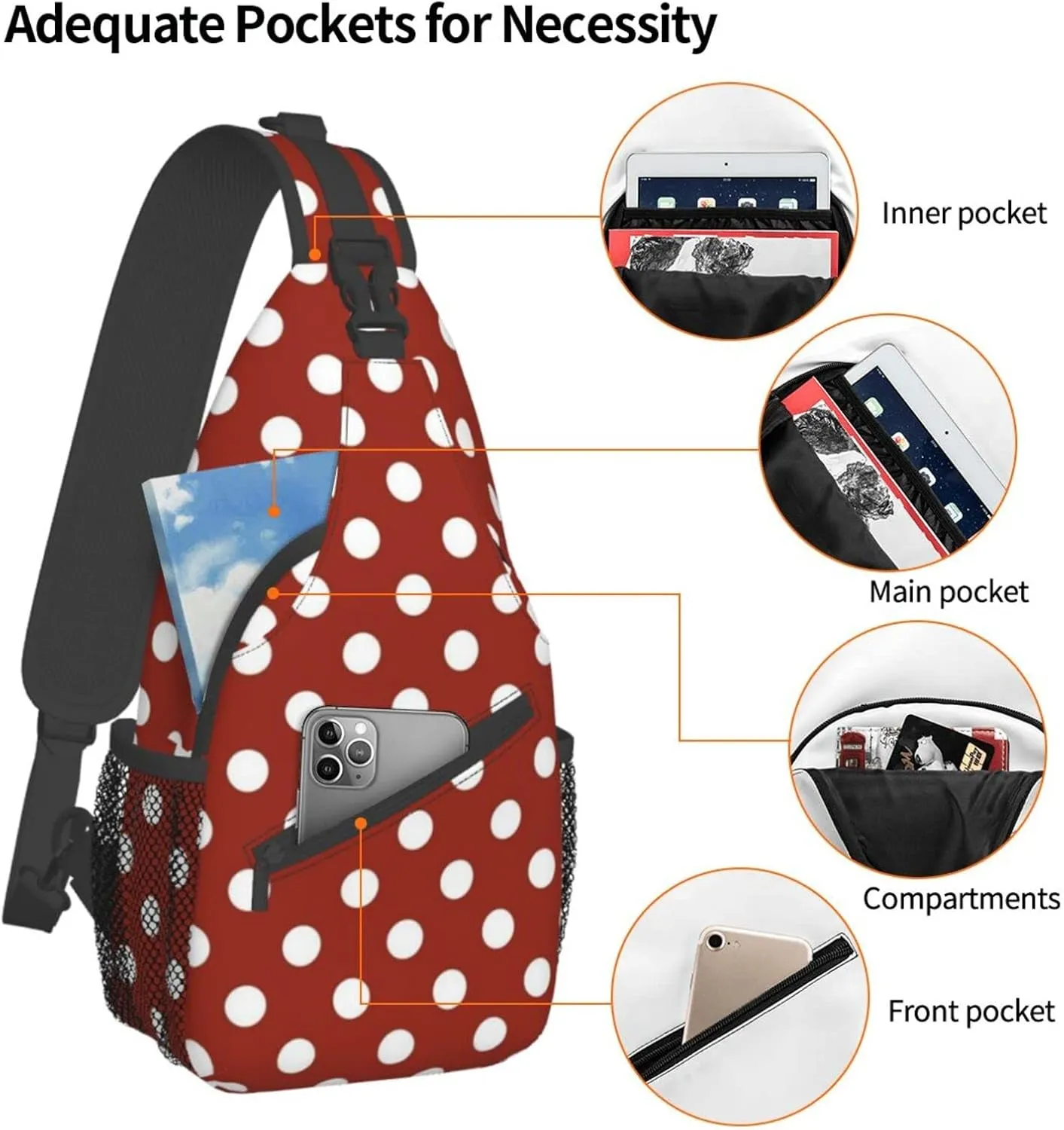 Cute Red White Polka Dot Sling Backpack Chest Bag Crossbody Shoulder Bag Travel Hiking Daypack For Men Women