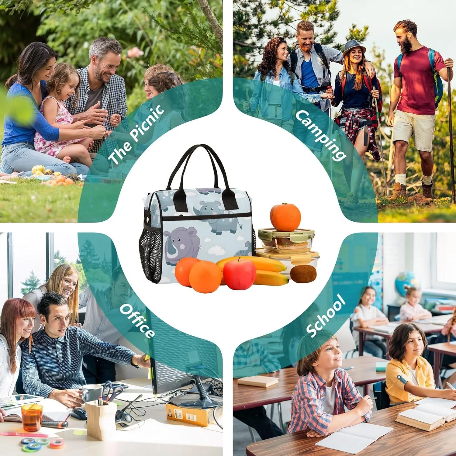 Cute Rhinoceros Forest Animal Lunch Bag Women Cooler Bags Lunch Tote Bags for Men Reusable Insulated Lunch Box Crossbody with Shoulder Strap Leakproof Work Picnic S