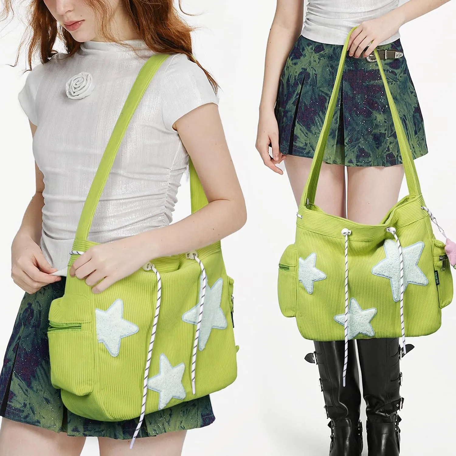Cute Tote Bag for Women, Aesthetic Canvas Crossbody Bag Y2k Star Hobo Shoulder Purse Kawaii Zipper Messenger Bag