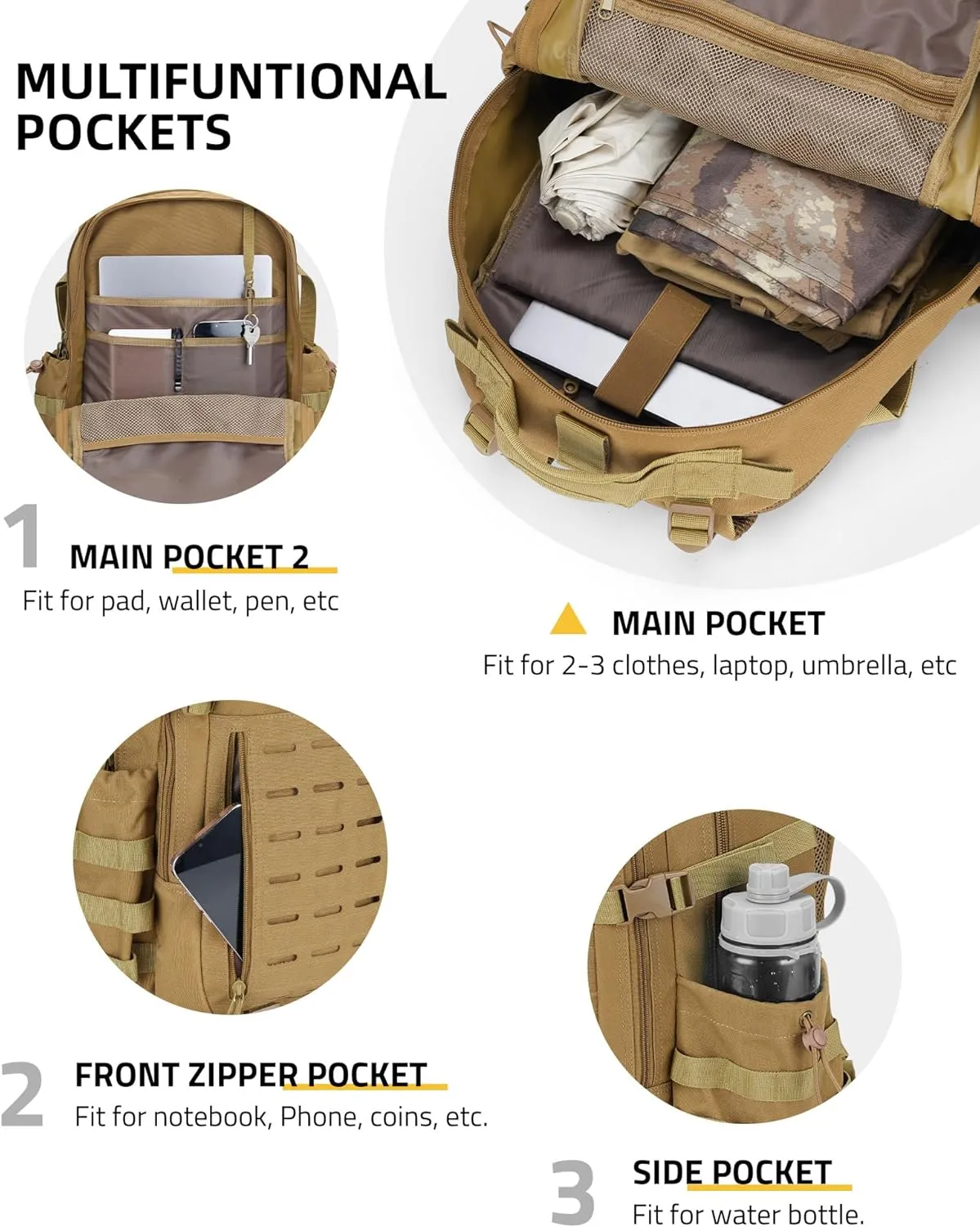 CVLIFE Tactical Backpack Military Molle Backpack for Men Women, Army Daypack with Laptop Compartment, 40L Assault Pack Rucksack Bug Out Bag for Outdoors Hiking Travel Camping, Tan