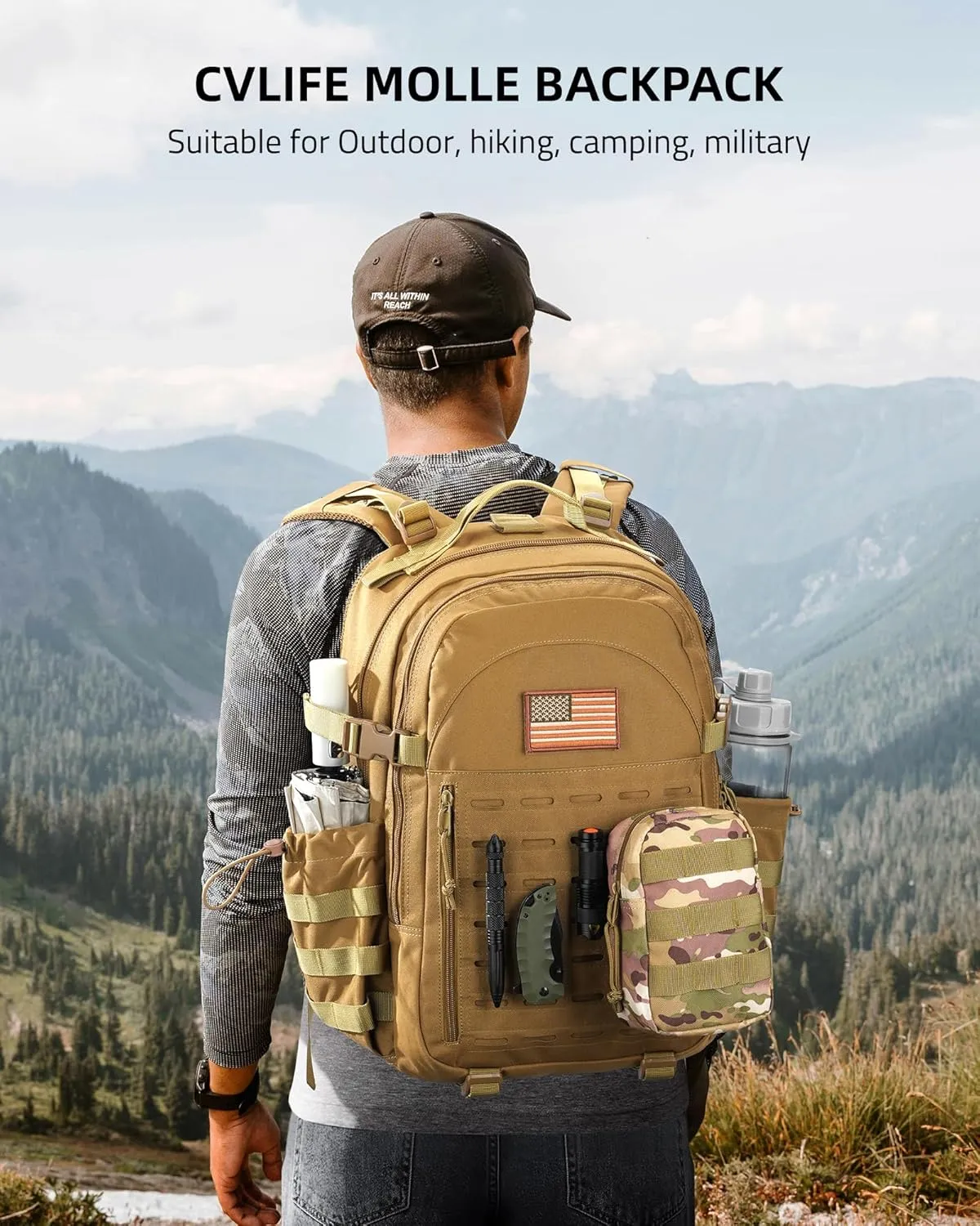 CVLIFE Tactical Backpack Military Molle Backpack for Men Women, Army Daypack with Laptop Compartment, 40L Assault Pack Rucksack Bug Out Bag for Outdoors Hiking Travel Camping, Tan