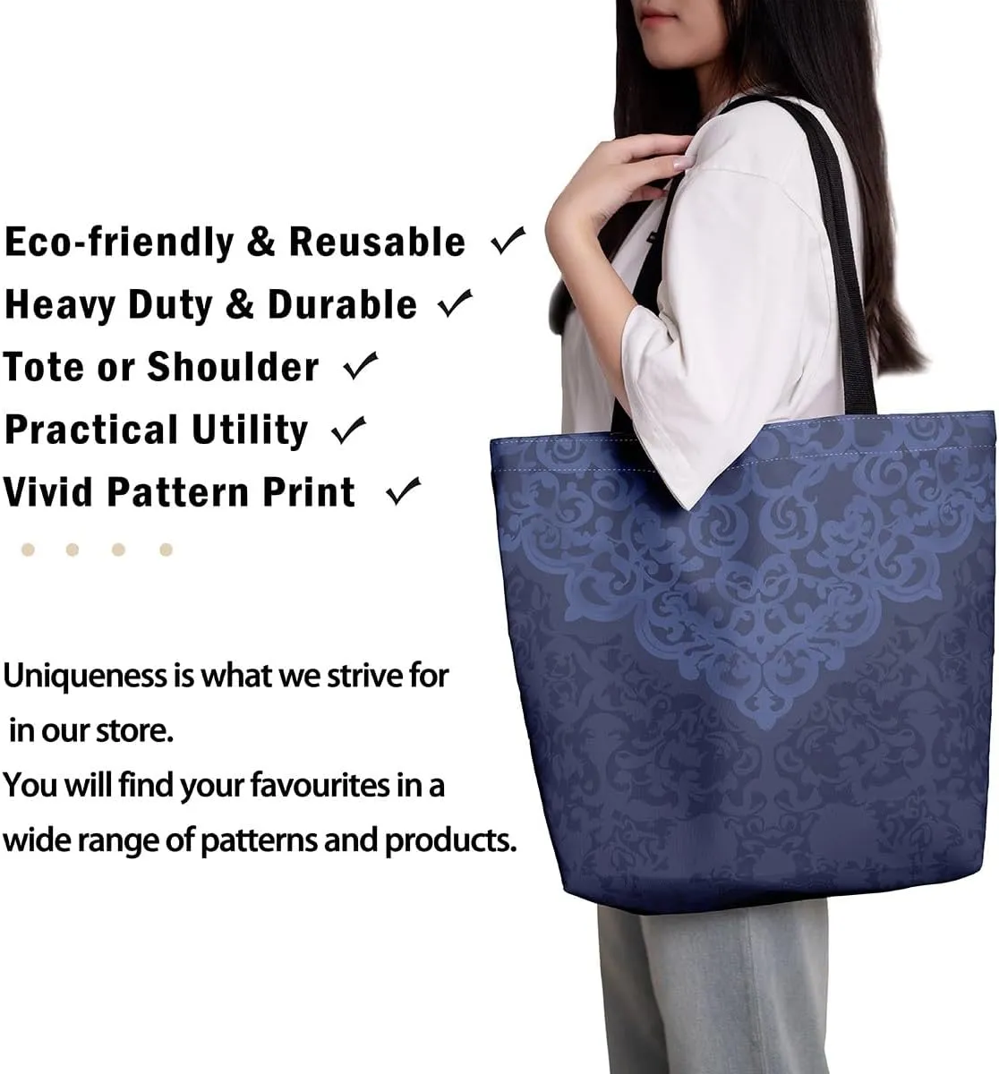 Damask Canvas Tote Bag for Women Gothic Travel Shopping Bag,Victorian Reusable Grocery Shoulder Bag
