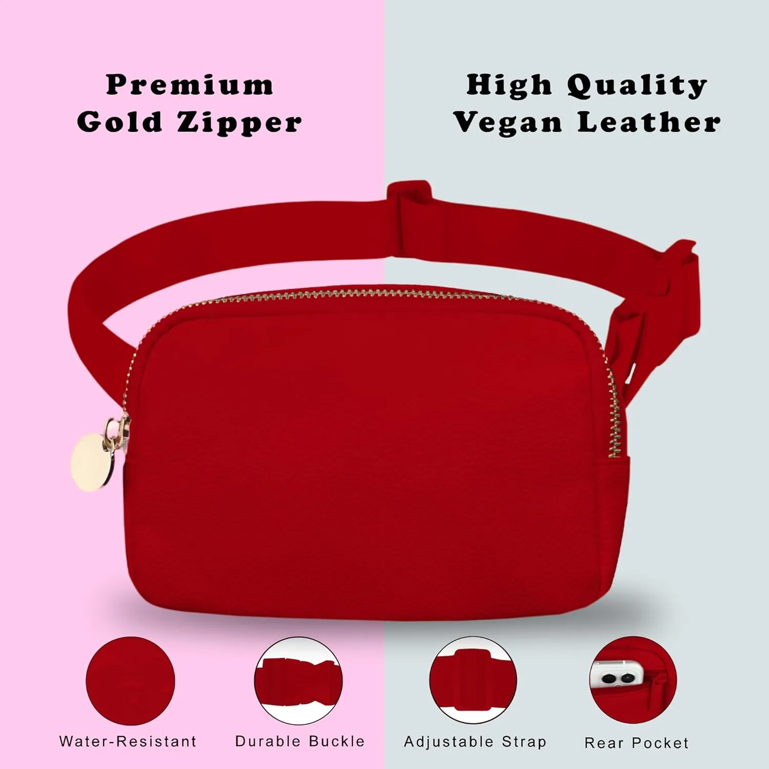 DANCOUR Vegan Leather Belt Bag for Women – Red Fanny Pack Crossbody, Stylish Large Waist Bag, Trendy Crossbody Belt Bag, Everywhere Fanny Pack for Travel, Fashionable Faux Leather Bag