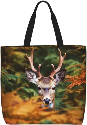 Deer Among Thick Leaves Large Tote Bag Portable Shopping Handbags With Zipper Inner Pocket Reusable Waterproof Beach Grocery Bag For Women Shopping Travel Work