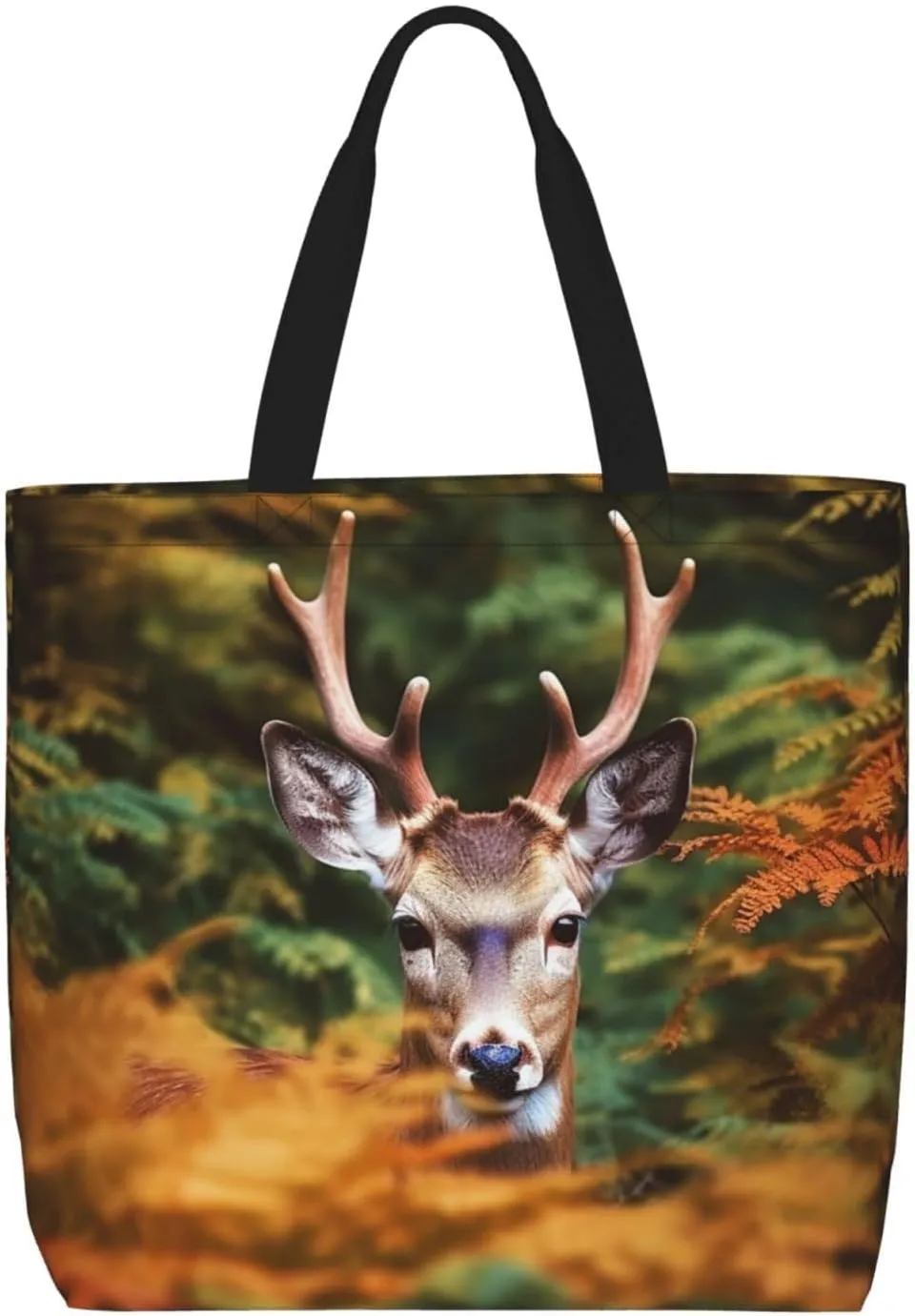 Deer Among Thick Leaves Large Tote Bag Portable Shopping Handbags With Zipper Inner Pocket Reusable Waterproof Beach Grocery Bag For Women Shopping Travel Work