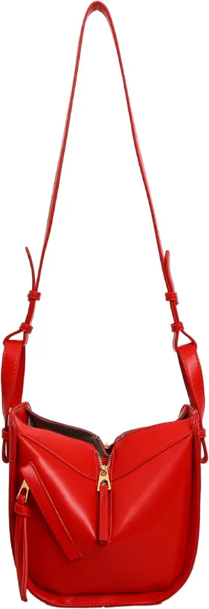 Designer Leather Shoulder Bag with Gold Zipper Details,Open Bucket Handbag Dumpling type