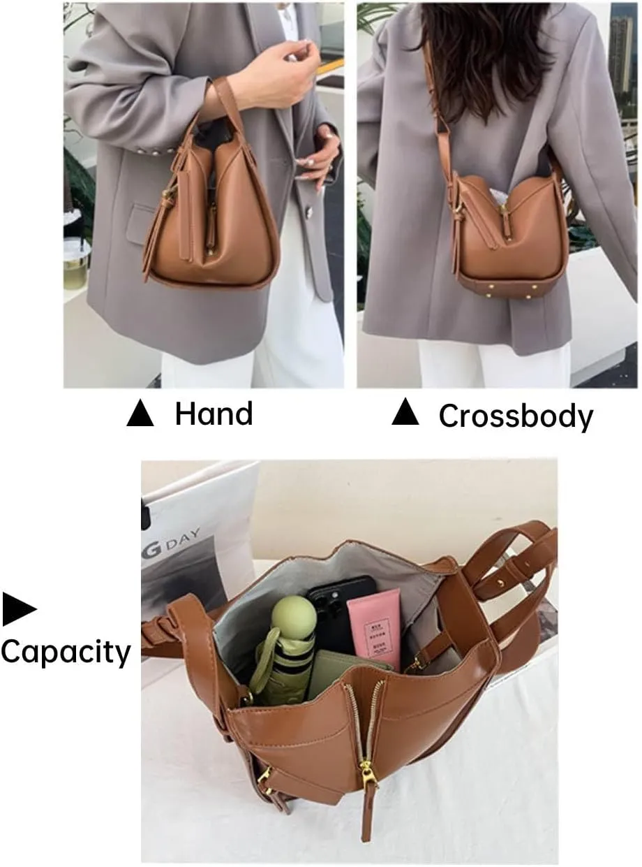 Designer Leather Shoulder Bag with Gold Zipper Details,Open Bucket Handbag Dumpling type