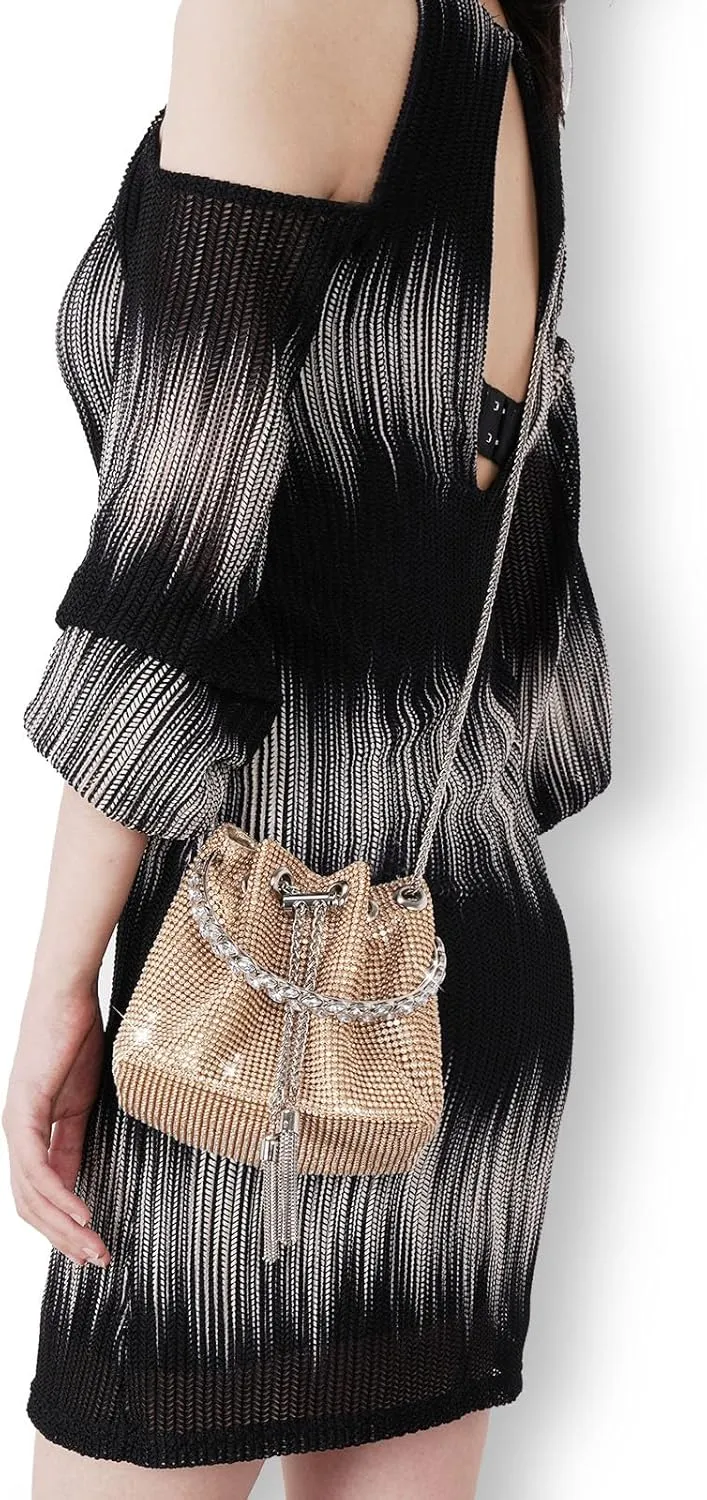 Desy & Feeci Bling Rhinestone Purse for Women, Glitter Clutch Handbag Bucket Evening Bag for Girls Wedding Party