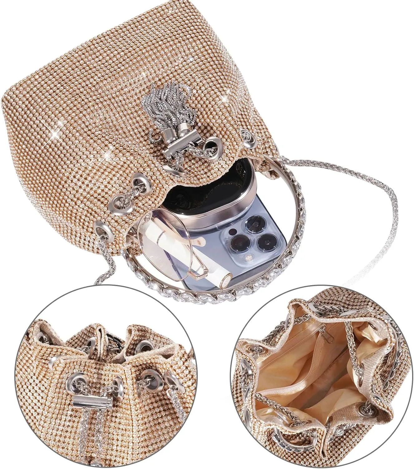 Desy & Feeci Bling Rhinestone Purse for Women, Glitter Clutch Handbag Bucket Evening Bag for Girls Wedding Party