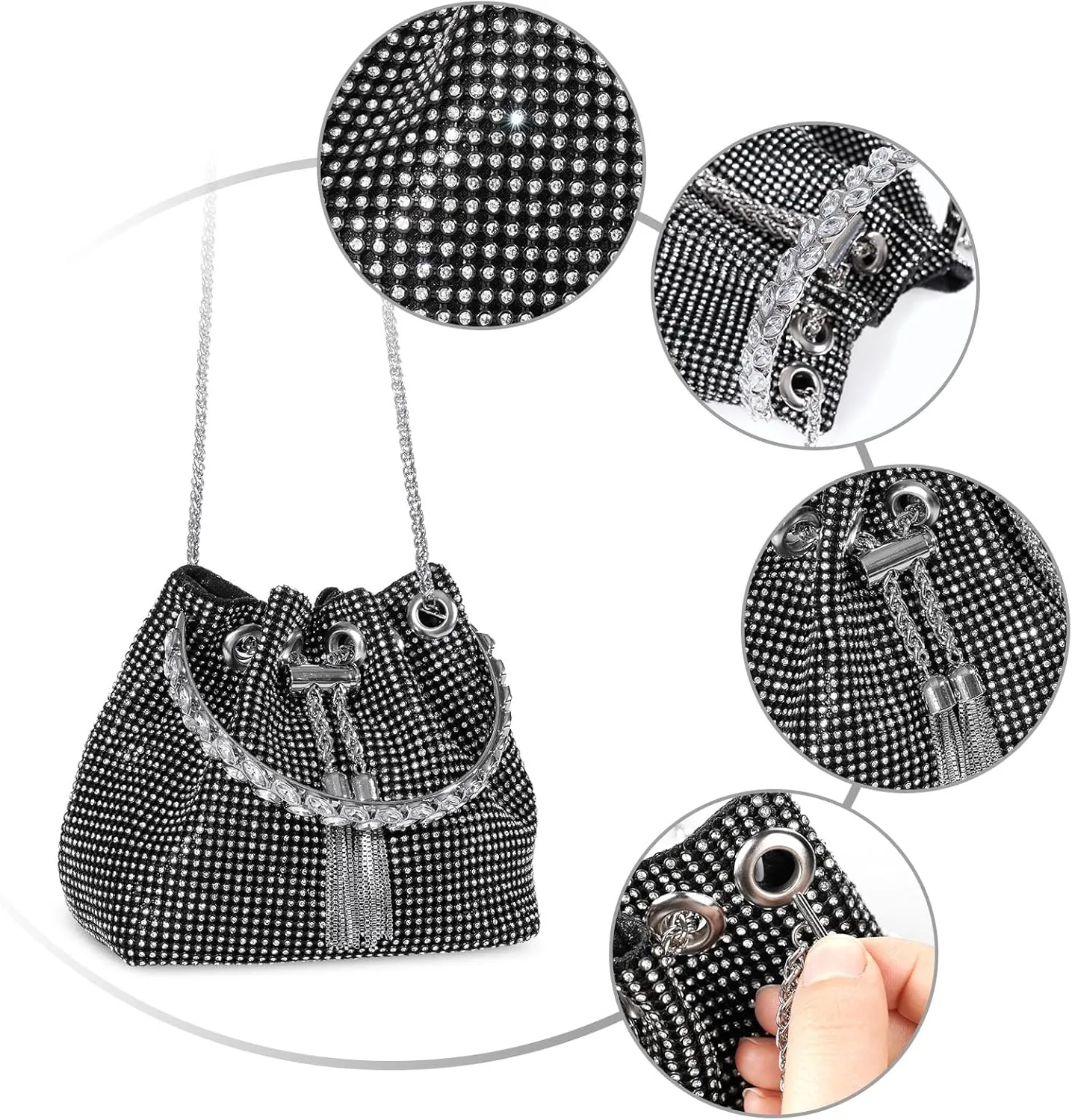 Desy & Feeci Bling Rhinestone Purse for Women, Glitter Clutch Handbag Bucket Evening Bag for Girls Wedding Party