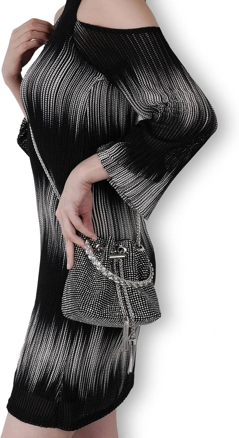 Desy & Feeci Bling Rhinestone Purse for Women, Glitter Clutch Handbag Bucket Evening Bag for Girls Wedding Party