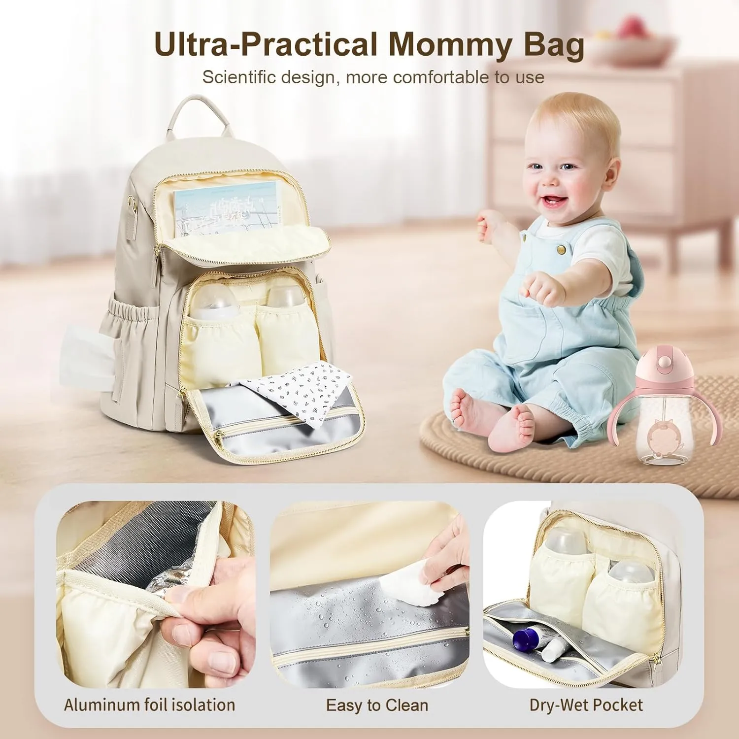 Diaper backpack for mom,Pañaleras para bebe, Baby changing bag, Large capacity waterproof with stroller strap, Multifunction travel Backpack, Beige