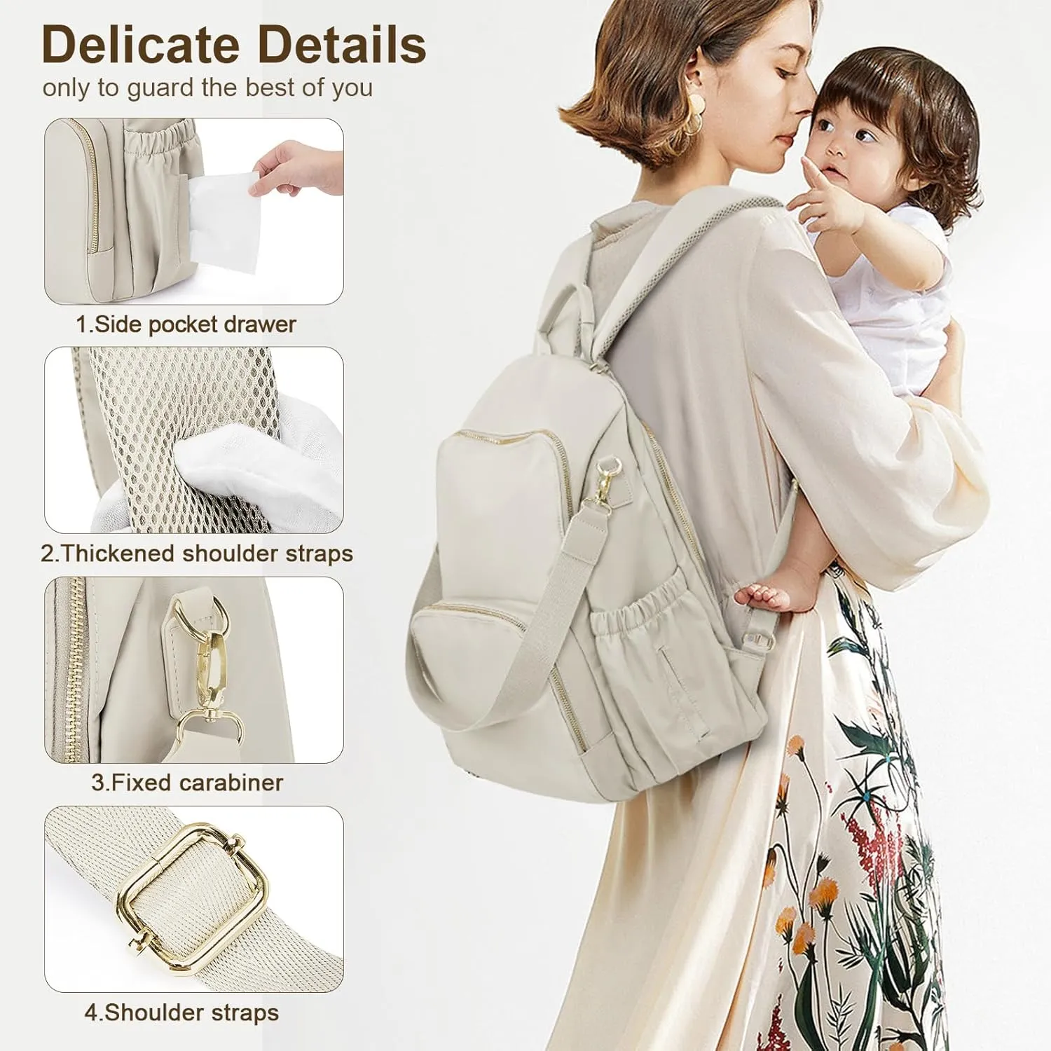 Diaper backpack for mom,Pañaleras para bebe, Baby changing bag, Large capacity waterproof with stroller strap, Multifunction travel Backpack, Beige