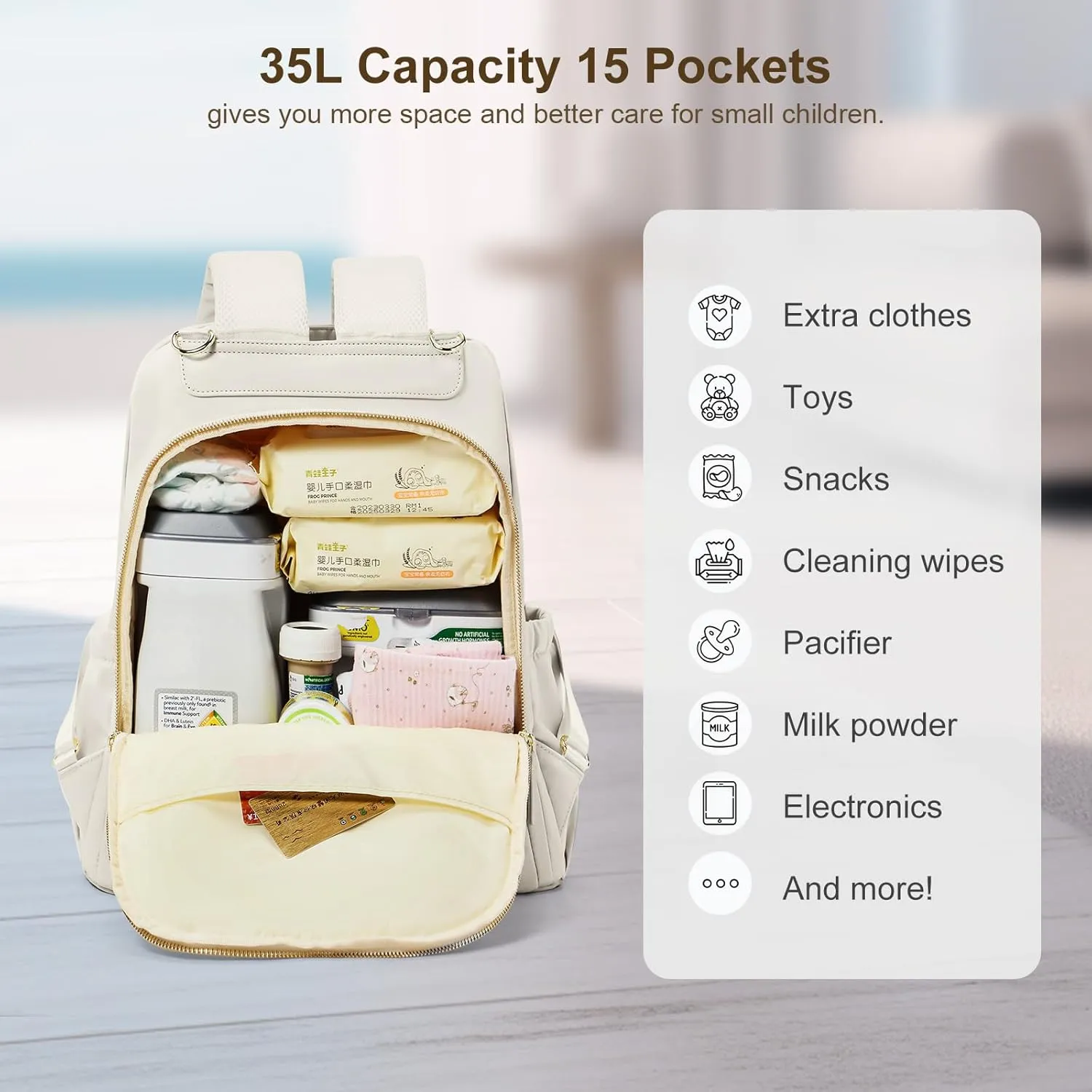 Diaper backpack for mom,Pañaleras para bebe, Baby changing bag, Large capacity waterproof with stroller strap, Multifunction travel Backpack, Beige