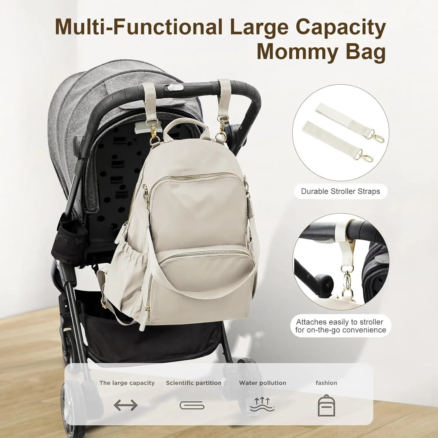 Diaper backpack for mom,Pañaleras para bebe, Baby changing bag, Large capacity waterproof with stroller strap, Multifunction travel Backpack, Beige
